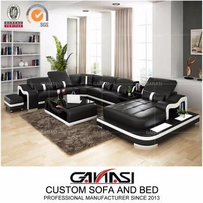 European Style Living Room LED Light Furniture Leather Sectional Sofa with Coffee Table