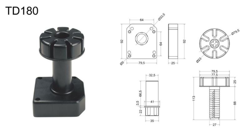 Td180 150mm Screw Type Adjustable Cabinet Leveler in PP Plastic