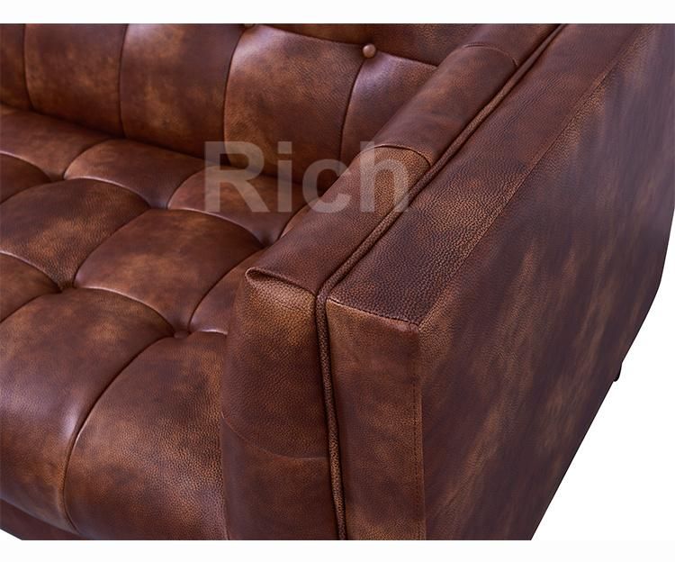 Modern European Furniture 3 Seater Sleeping Couch Brown Leather Living Room Wooden Sofa