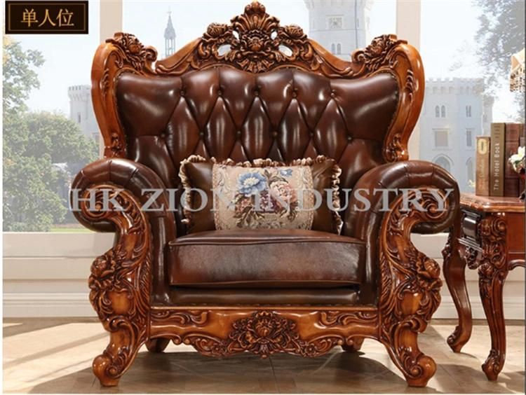 High End European Style Antique Sofa Classic Living Room Furniture Sets Chaise Longue Brown Solid Wood Frame Genuine Leather Sectional Sofa