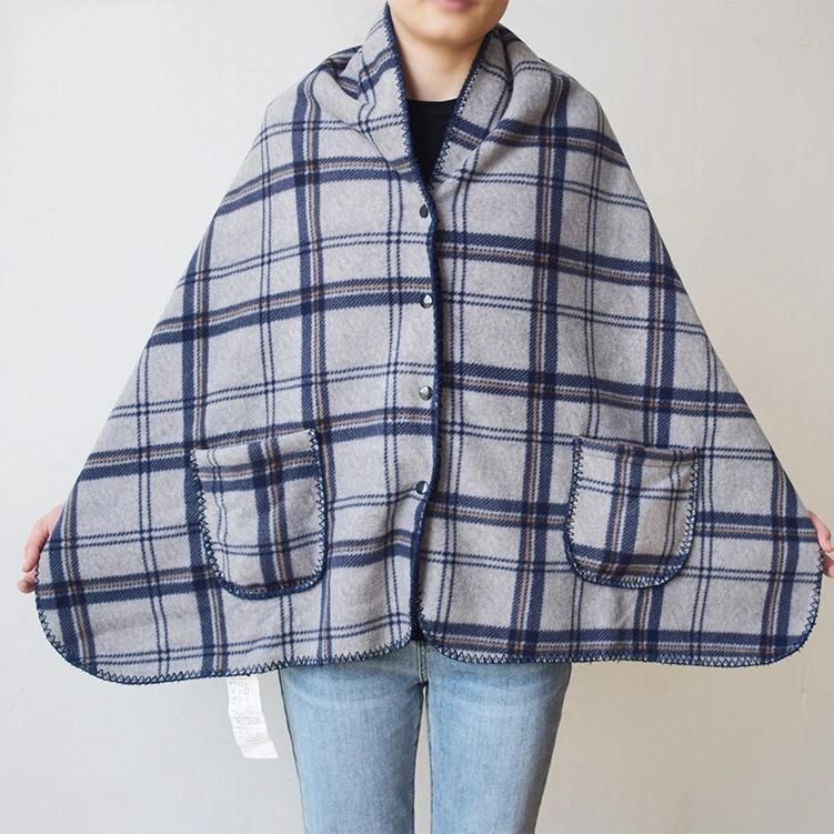 Double Side Plaid Wearable Sofa Blanket Office Shawl Multi-Functional Wrap Shawl with Button and Pocket