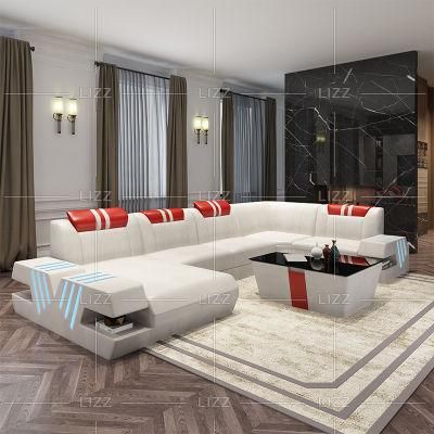 Italian Style Modern Latest Design Home Office Functional LED Furniture Luxury PU Leather U Shape Corner Sofa