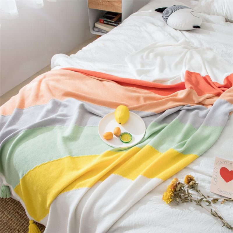 Organic Cotton Throw Blankets Rainbow Design Knitted Blanket for Home Sofa Cotton Knitted Blanket Baby