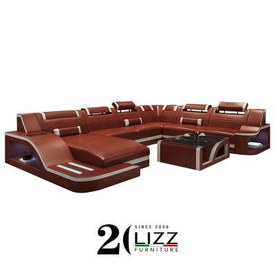 European Style Latest Design Sofa Set Living Room Genuine Leather Sofa with LED