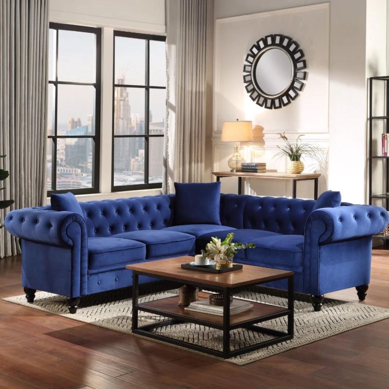 Foshan Furniture High Quality Modern Sectional Velvet Fabric Chestefield L Shape Living Room Sofa with Wooden Legs