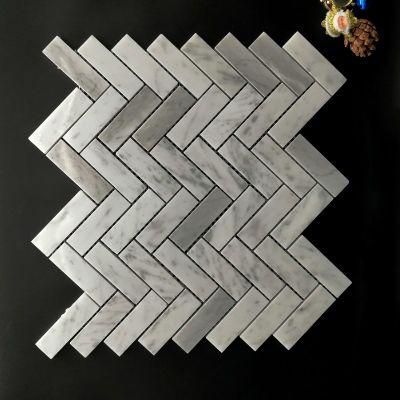 Carrara White Stone Mosaic, Herringbone, Dumb Face, Polished Surface, Used in The Kitchen, Sofa, TV Setting