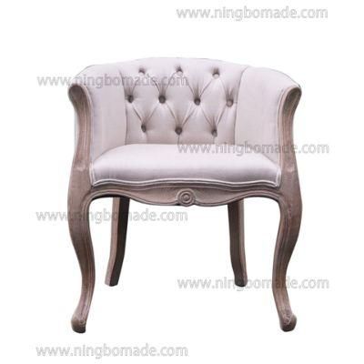 Antique Design Rustic Style Furniture Wax Brown Oak and Grey Linen Louis Arm Sofa Chair