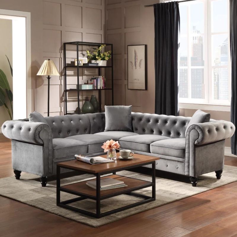 Sectional Tufted Velvet Upholstered Sofa Love Seat & 3 Seat Sofa Roll Arm Classic Chesterfield Sofa Set 3 Pillows Included Wooden Sofa