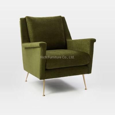 Simple Style Luxury Single Sofa Chair Green Fabric Cover Leisure Sofa Hotel Restaurant Armrest Sofa with Metal Legs