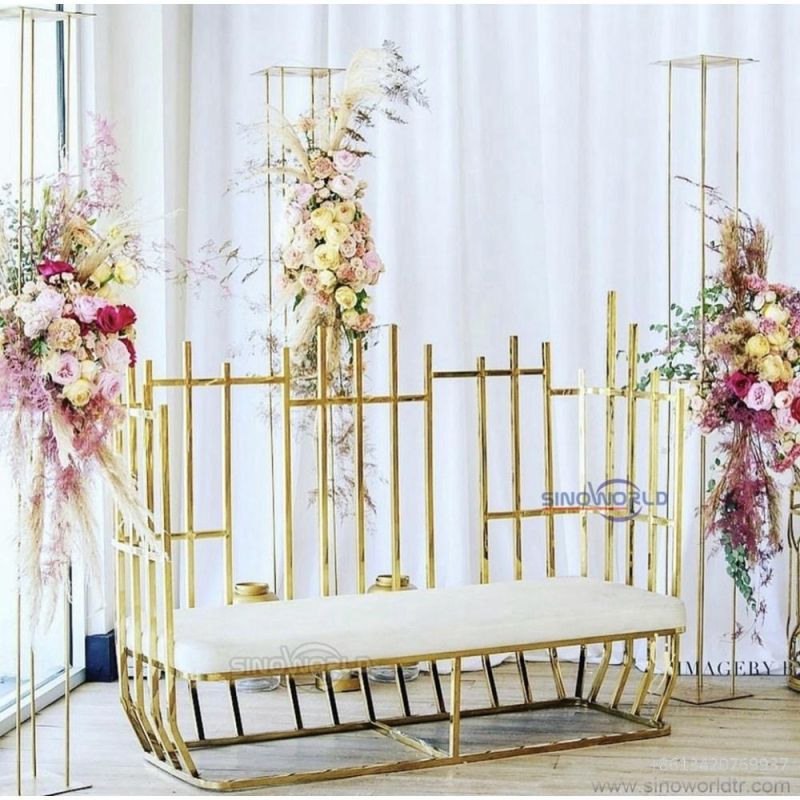 New Design Wedding Event Luxury Golden Stainless Steel Velvet Couch Long Back Wedding Sofa