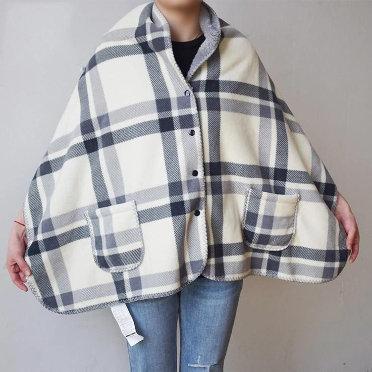 Double Side Plaid Wearable Sofa Blanket Office Shawl Multi-Functional Wrap Shawl with Button and Pocket