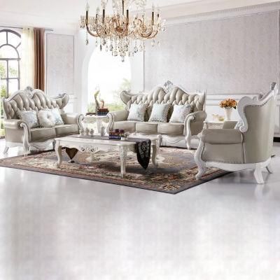 Living Room Furniture Set with Wood Carved Leather Sofa Set