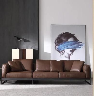 Italian Minimalist Leather Sofa Head Layer Cowhide Living Room Nordic Modern Straight Row Down Three-Person Small Apartment