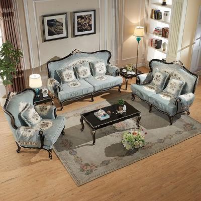 Wood Carved Living Room American Fabric Sofa in Optional Couch Seat and Furnitures Color