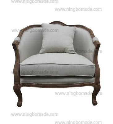 Antique Design Rustic Style Furniture Wax Brown Oak Frame Sand Linen Fabric Cushions Sofa Bed
