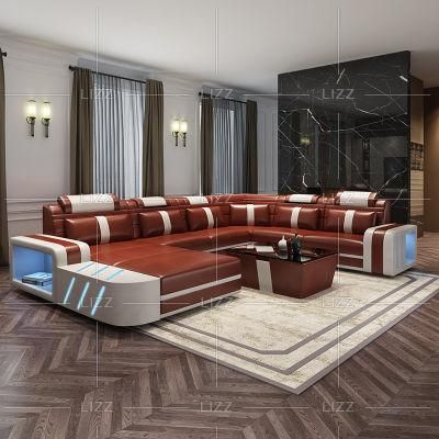Wholesale Italian American Popular Design LED Home Furniture Set Sectional Genuine Leather Sofa with USB Charging