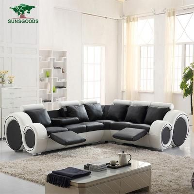 White &amp; Black Leather Sectional Sofa with Foot Pedal
