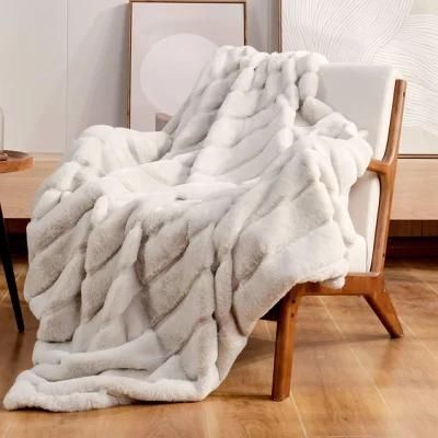 Striped Faux Fur Throw Blanket for Couch 60&quot;X80&quot; Beige Warm Milky Plush Blanket for Sofa Bed Living Room Bedroom