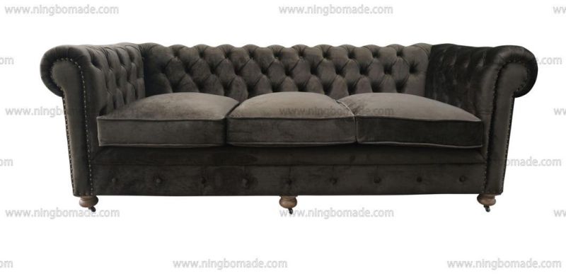 Antique Design Rustic Style Furniture Wax Brown Oak Leg Black/Beige/Grey Fabric Cushions Three Seats Sofa