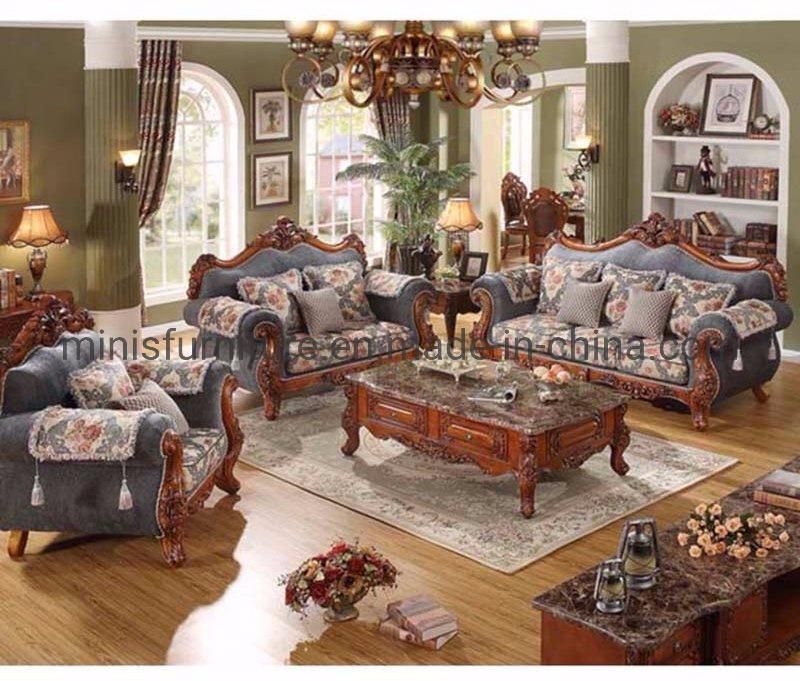 (MN-SF79) French Classic Home Living Room/Hotel Lounge Furniture Wood Fabric Sofa Set