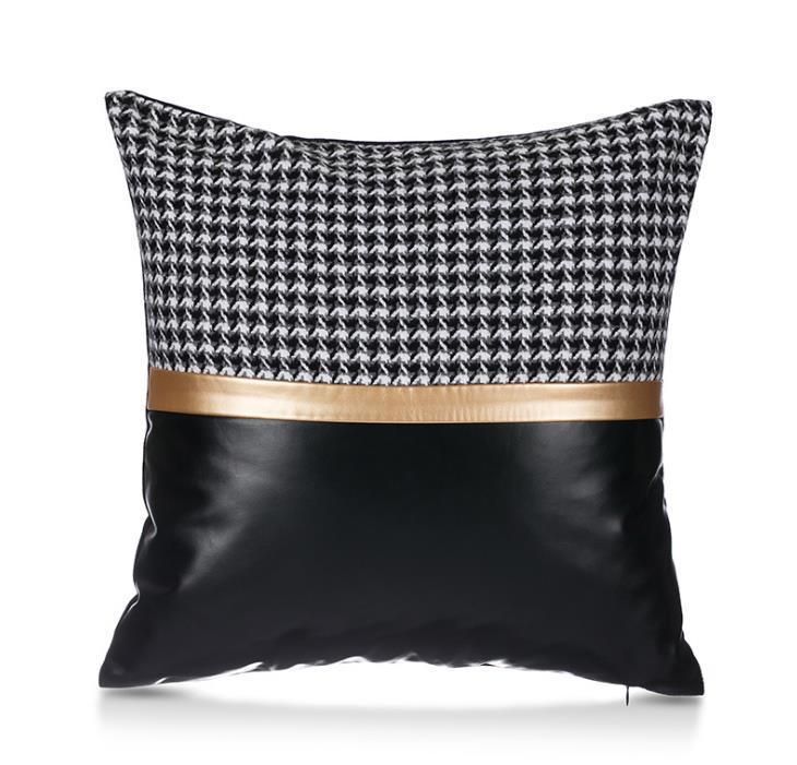 Houndstooth PU Splicing Joining Pillowcase Cushion Cover for Living Room Model Room Sofa Car