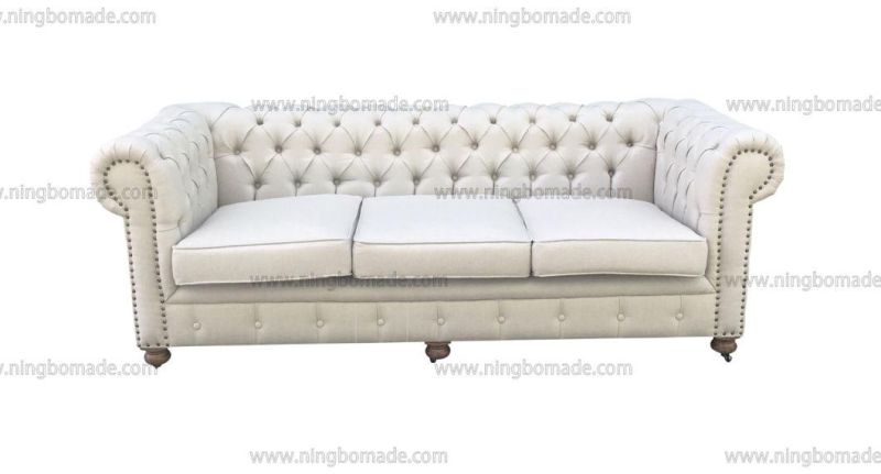 Antique Design Rustic Style Furniture Wax Brown Oak Leg Cream Linen Fabric Cushions Three Seats Sofa