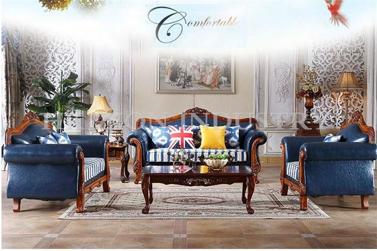 Royal Luxury European Style Living Room Sofa Couches Living Room Furniture Sofa Set Blue Leather Homeliving Furniture Recliner Sofa