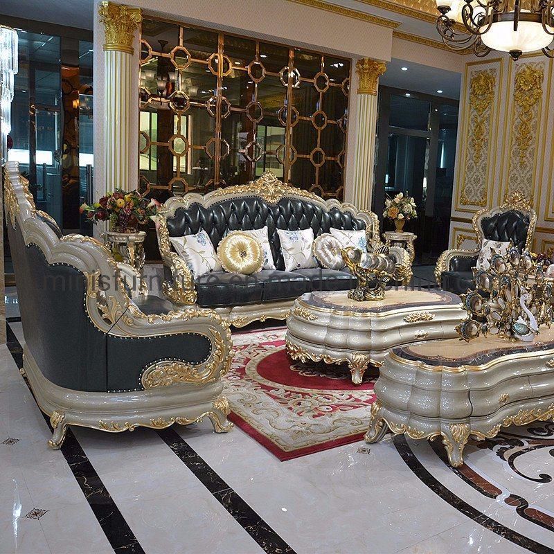 (MN-CSF09) Hotel/Home Living Room Hand Engraving Solid Wood Leather Sofa Set