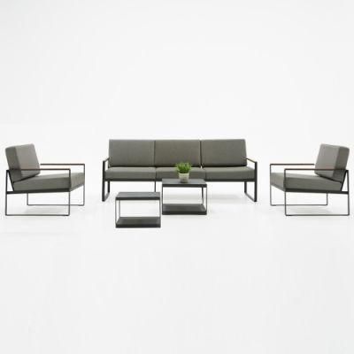 Modern Outdoor Grey Aluminum Sofa Set with Wood Armrest