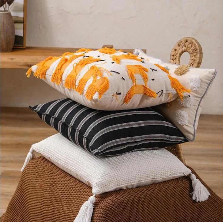 Home Luxury Tufted Pillow Sofa Living Room Bay Window Cushion Geometric Tassel Pillow Cover
