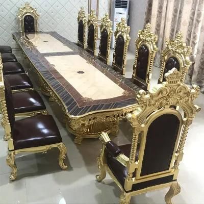 Dining Room Furniture Wood Carved Antique Dinner Table with Leather Sofa Chairs