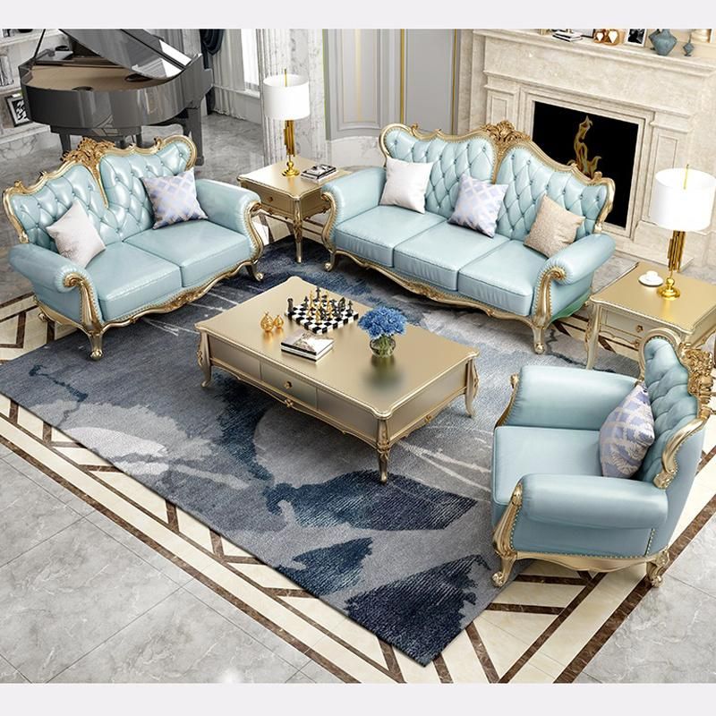 Living Room Furniture American Leather Sofa with Wood Side Stool in Optional Furnitures Color and Sofas Seat