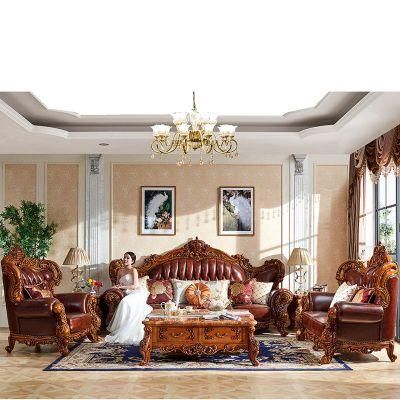 Wood Carved Antique Leather Sofa in Optional Sofas Furniture Color and Couch Seat