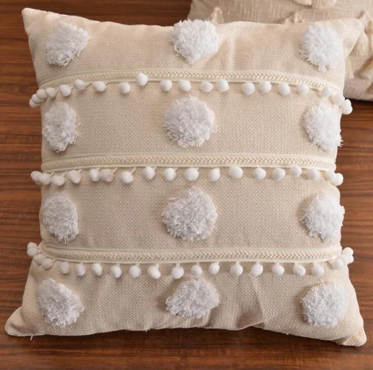 Cotton Linen Tassel Tufted Pillow Cushion Cover Waist Pillowcase for Living Room