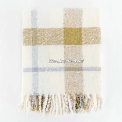 Home Outdoor Travel Bed Sofa Car Soft Warm White Multi Woven Self-Fringe Tassel Plaid Checks Waffle Throw Blanket Cover