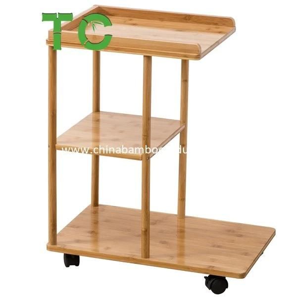 Bamboo Mobile Sofa Side Table C Shaped End Table with Storage Shelves, Snack Coffee Table