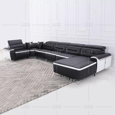 2021 New Arrivals Wholesale Modern Living Room Furniture Set Leisure Genuine Leather Home Sofa Set Black U Shape Recliner Couch