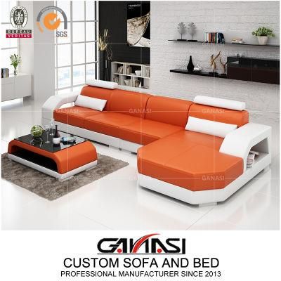 Living Room Genuine Orange Leather U Shape Leather Sofa Bed with Chaise