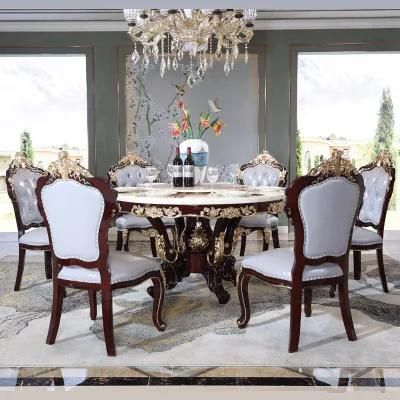 Marble Top Wood Carved Round Dining Table with Leather Sofa Chairs in Optional Furniture Color