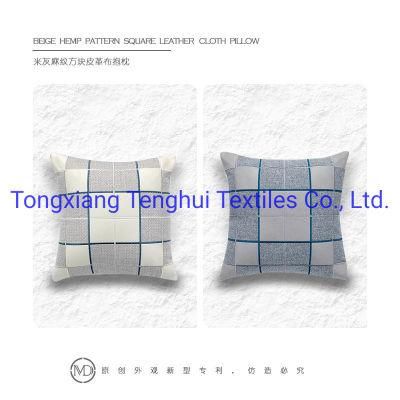 Manufacture in China to Supply Beige Hemp Square with Leather Fabric for Pillow