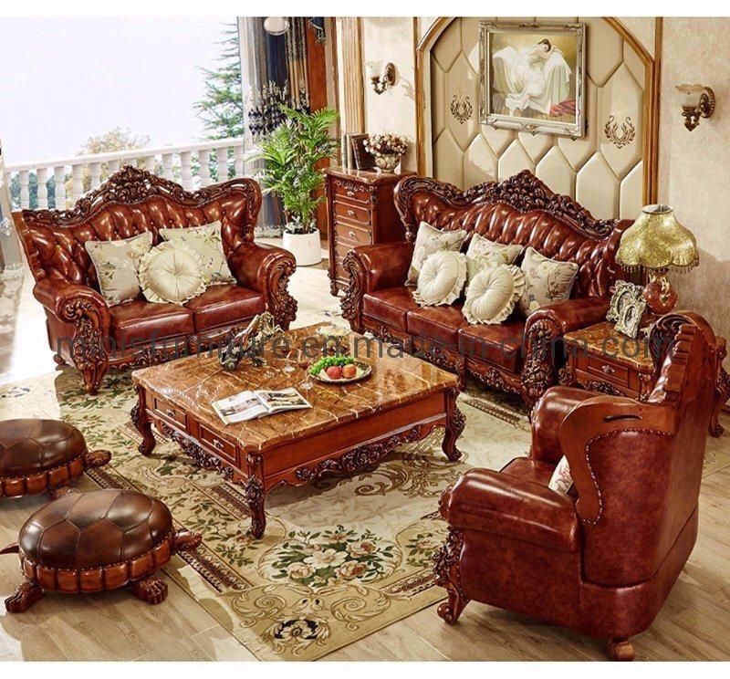 (MN-CSF09) Hotel/Home Living Room Hand Engraving Solid Wood Leather Sofa Set