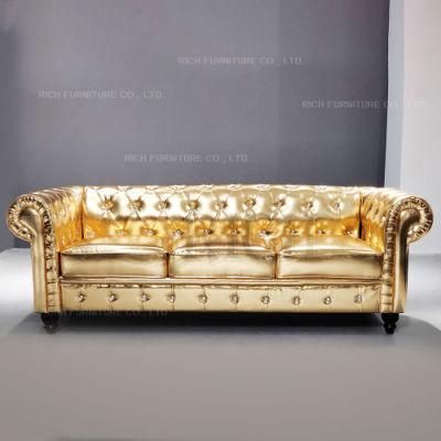 Luxury Gold PU Leather Chesterfield Sofa 3 Seats Disco Nightclub Project Chesterfield Couch Bar Hotel Furniture Golden Sofa