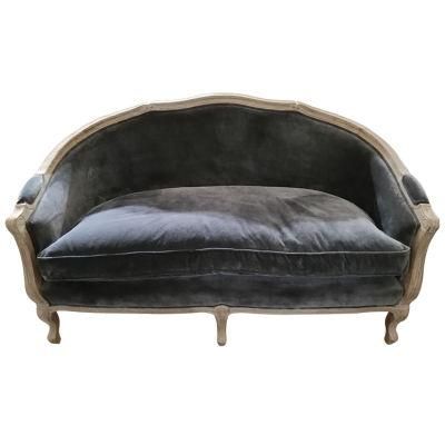 Kvj-7620vp French Dark Blue Antique Velvet Oak Wooden Two Seater Sofa