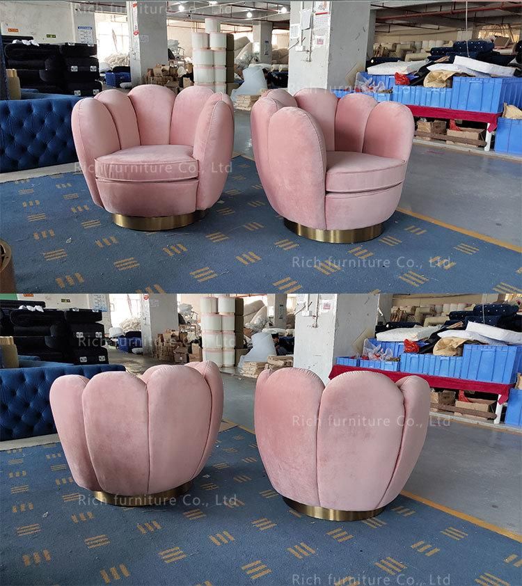 Nordic Style Comfortable Gold Legs Pink Velvet Shell Shaped Armchair Cafe Sofa Chair