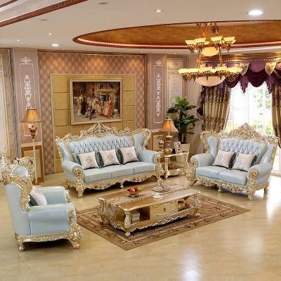 Living Room Furniture Set Wood Carved Classic Royal Leather Sofa in Optional Couch Seats and Furnitures Color