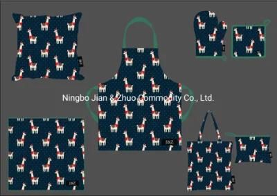 Custom Digital Printed Christmas Alpaca Cotton or Polyester Household Textiles Kitchen Textile Set Cushions Aprons Towels Bags and Oven Mitts