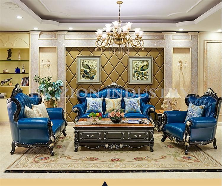 Luxury Style Sofa Set 1+2+3 Seater Home Villa Hotel Living Room Furniture European Style Sofa First Layer Cowhide Blue Leather Sofa