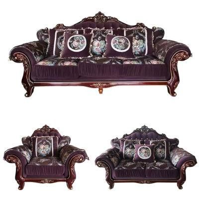 Solid Wood Carved Antique Fabric Sofa Set in Optional Couch Seats and Furniture Painting Color