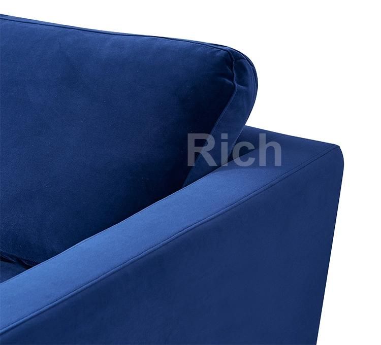 Home Wooden Couch Furniture Navy Blue Fabric Velvet Single Sofa