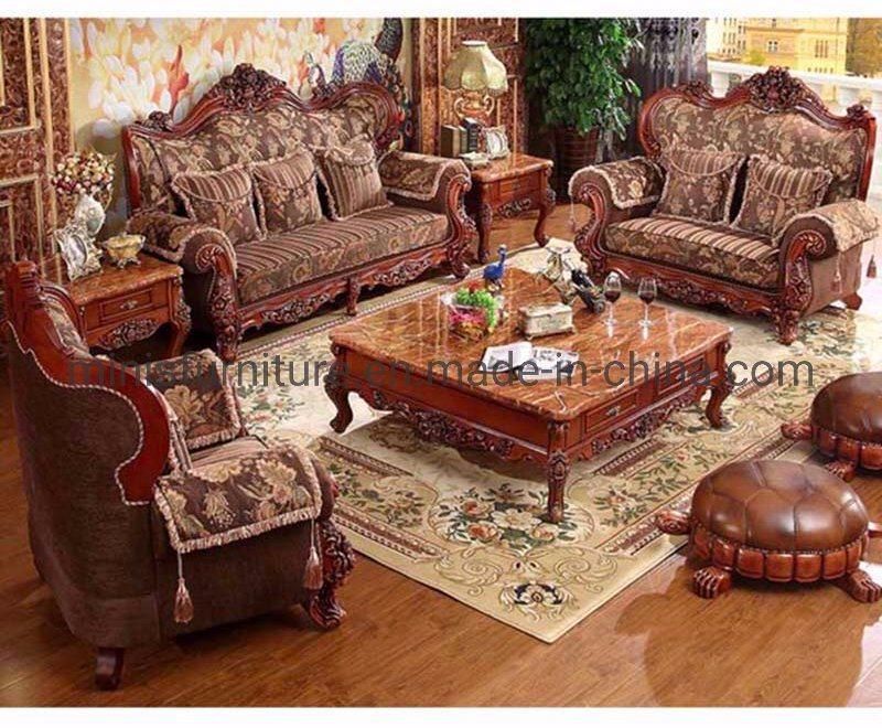 (MN-SF109) Factory Home Lounge Living Room Furniture Vintage Wood Fabric Sofa
